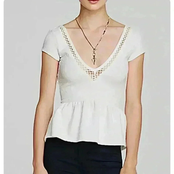 FREE PEOPLE Ivory Ecru Cutout Peplum V Neck Jacquard Top - Picture 3 of 5